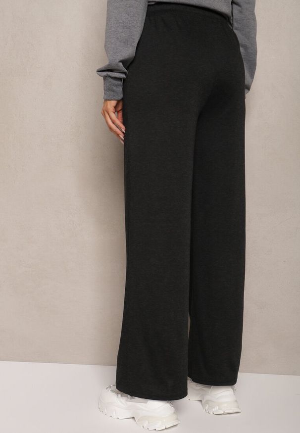 Renee - Czarne Spodnie Dzianinowe o Szerokim Kroju High Waist z Gumką w Pasie i Sznurkiem Creitta. Okazja: na co dzień. Stan: podwyższony. Kolor: czarny. Materiał: dzianina. Styl: casual