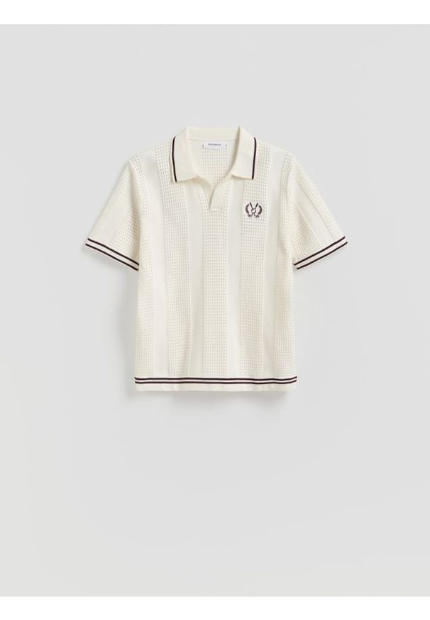 Reserved - Sweter polo - złamana biel. Typ kołnierza: polo. Materiał: bawełna, dzianina