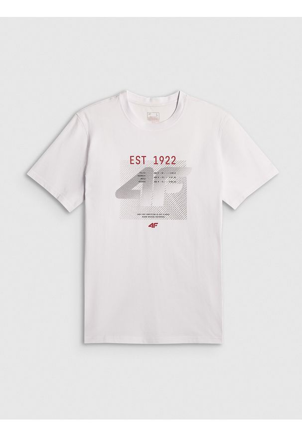 4f - 4F T-shirt regular z nadrukiem męski - biały XL. Okazja: na co dzień. Kolor: biały. Materiał: materiał. Wzór: nadruk. Styl: casual, sportowy