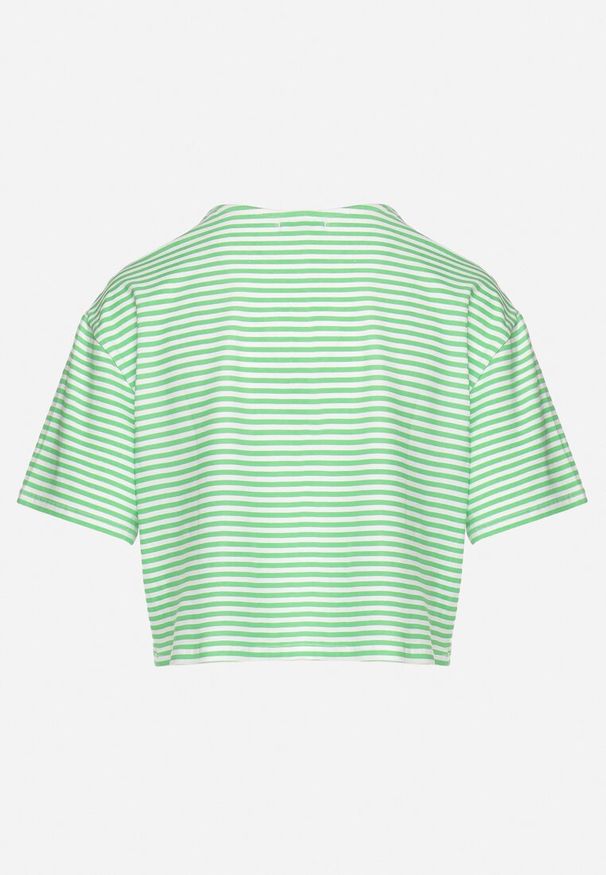 Born2be - Zielony Bawełniany T-shirt o Oversizowym Krótkim Fasonie w Cienkie Paski Lakrida. Okazja: na co dzień. Kolor: zielony. Materiał: bawełna. Długość: krótkie. Wzór: paski. Styl: klasyczny, casual