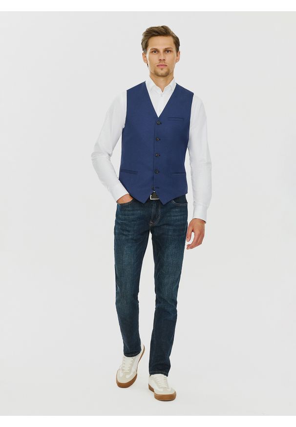 Pako Lorente - PAKO LORENTE – Granatowa męska elegancka kamizelka. Okazja: na wesele, na ślub cywilny. Kolor: niebieski. Materiał: poliester, wiskoza. Styl: elegancki