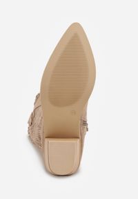 Renee - Ciemnobeżowe Botki Kowbojki na Słupku z Ażurową Cholewką Felmira. Okazja: na co dzień. Kolor: beżowy. Materiał: jeans. Szerokość cholewki: normalna. Wzór: ażurowy. Obcas: na słupku. Styl: casual, elegancki #2