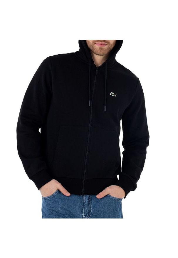 Bluza Lacoste Kangaroo Pocket Colour-Block SH9626-031 - czarna. Okazja: na co dzień. Typ kołnierza: kaptur. Kolor: czarny. Materiał: poliester, materiał, bawełna. Wzór: aplikacja, haft. Styl: casual, klasyczny, street