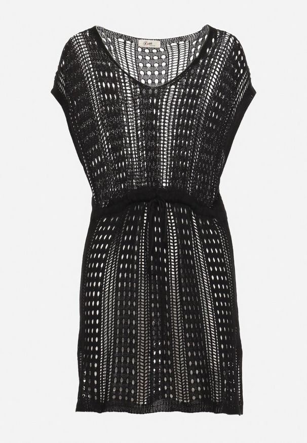 Born2be - Czarna Szydełkowa Mini Sukienka Narzutka z Rozcięciami i Sznurkiem w Pasie Dells. Kolor: czarny. Materiał: dzianina. Długość: mini