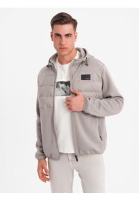 Ombre Clothing - Męska lekka kurtka z łączonych materiałów z kapturem i ozdobnym pikowaniem – popielata V3. Okazja: na co dzień. Typ kołnierza: kaptur. Kolor: szary. Materiał: materiał. Wzór: aplikacja. Styl: casual #4