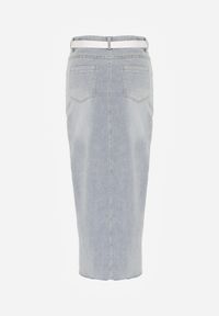 Renee - Jasnoniebieska Spódnica Jeansowa o Ołówkowym Kroju Zdobiona Rozcięciem Lisovira. Okazja: na spacer. Kolor: niebieski. Materiał: jeans. Wzór: aplikacja. Styl: elegancki, klasyczny #3