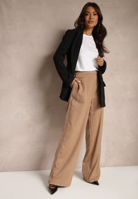 Renee - Ciemnobeżowe Spodnie z Wiskozą o Szerokim Kroju z Imitacją Kieszeni Zinnithria. Okazja: na co dzień. Kolor: beżowy. Materiał: wiskoza. Styl: elegancki, casual #3