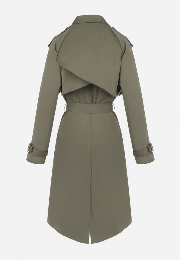 Born2be - Ciemnozielony Płaszcz Trencz Dwurzędowy z Paskiem Cloimia. Okazja: na co dzień. Kolor: zielony. Materiał: tkanina, dzianina. Długość rękawa: długi rękaw. Długość: do kolan. Sezon: wiosna, jesień. Styl: casual, elegancki, klasyczny, wizytowy
