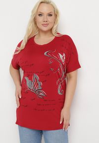 Born2be - Bordowy T-shirt Ozdobiony Cyrkoniami i Nadrukiem Wallilena. Okazja: na co dzień. Kolor: czerwony. Wzór: aplikacja, nadruk. Styl: casual #7