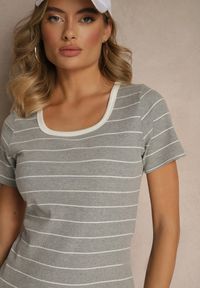 Renee - Jasnoszara Dopasowana Sukienka z Bawełny z Motywem Pasków Ralessa. Okazja: na co dzień. Kolor: szary. Materiał: bawełna. Wzór: paski. Typ sukienki: proste. Styl: klasyczny, casual