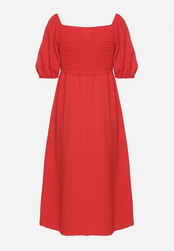 Born2be - Czerwona Rozkloszowana Sukienka z Bufiastymi Rękawami Kolireva. Okazja: na co dzień. Typ kołnierza: dekolt kwadratowy. Kolor: czerwony. Styl: casual, elegancki