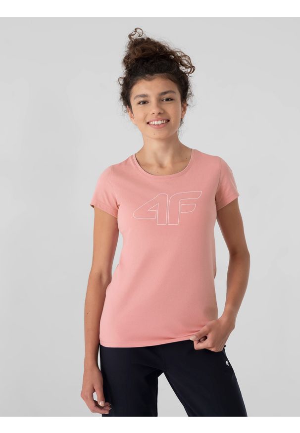 4f - T-shirt regular z nadrukiem damski. Kolor: różowy. Materiał: bawełna, dzianina. Wzór: nadruk