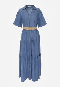 Born2be - Jasnoniebieska Sukienka Koszulowa z Wiskozą Bufiastymi Rękawami i Plecionym Paskiem Eriflara. Kolor: niebieski. Materiał: wiskoza. Wzór: ażurowy. Typ sukienki: koszulowe. Styl: elegancki, klasyczny #5