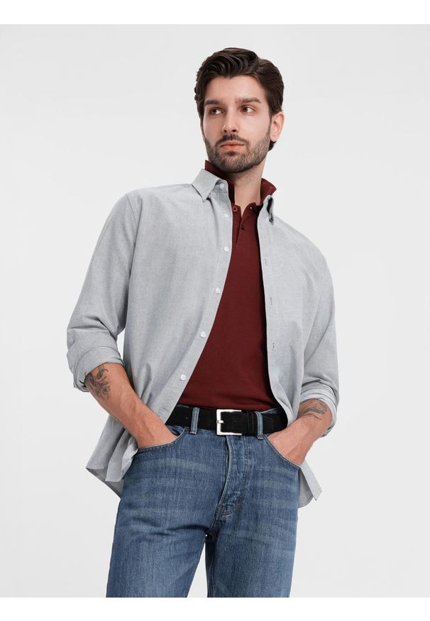 Ombre Clothing - Elegancka koszula męska oxford z haftem – jasnoszara V2 - Rozmiar: L. Okazja: na spotkanie biznesowe, do pracy. Typ kołnierza: kołnierzyk klasyczny. Kolor: szary. Materiał: tkanina, bawełna. Wzór: haft. Styl: elegancki