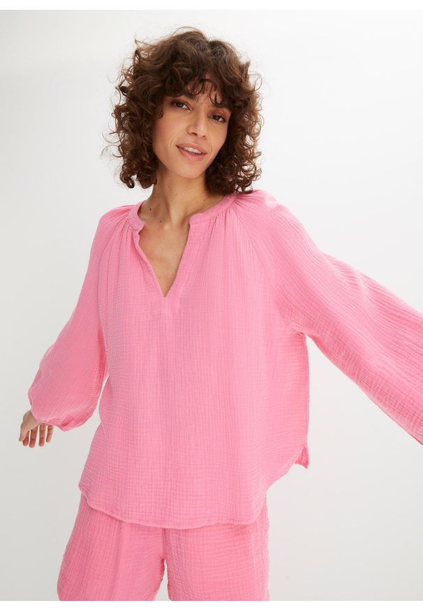 bonprix - Bluzka muślinowa oversize. Typ kołnierza: dekolt w serek. Kolor: różowy. Materiał: bawełna. Sezon: lato