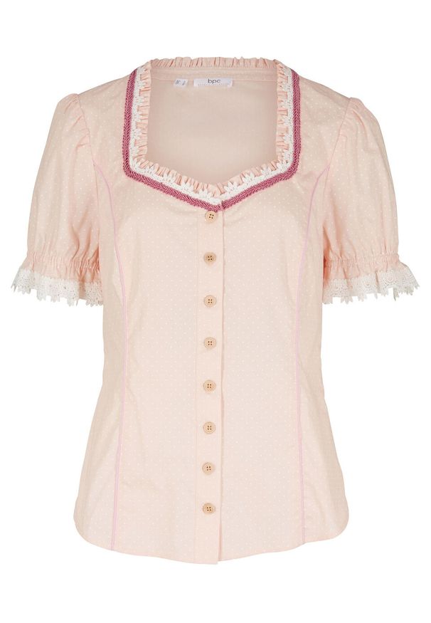 Bluzka w ludowym stylu bonprix pastelowy jasnoróżowy w kropki. Kolor: różowy. Materiał: bawełna. Wzór: kropki