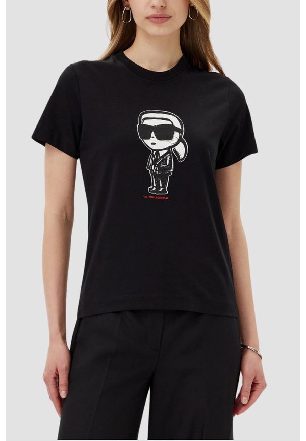 Karl Lagerfeld - KARL LAGERFELD Czarny damski t-shirt Ikon Sketch Karl. Kolor: czarny
