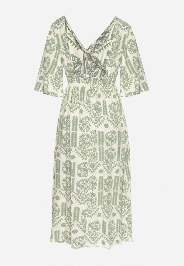 Born2be - Zielono-Kremowa Sukienka Wiskozowa Rozkloszowana z Odkrytymi Plecami w Print Boho Turaisa. Okazja: na co dzień. Typ kołnierza: dekolt w kształcie V. Kolor: zielony. Materiał: wiskoza. Długość rękawa: długi rękaw. Wzór: nadruk. Typ sukienki: proste, rozkloszowane. Styl: boho