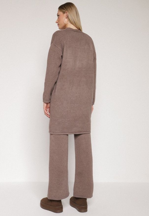 Born2be - Brązowy Komplet z Dzianiny z Wełną Spodnie Kardigan i Kamizelka na Guziki Meviseffa. Kolor: brązowy. Materiał: dzianina, wełna