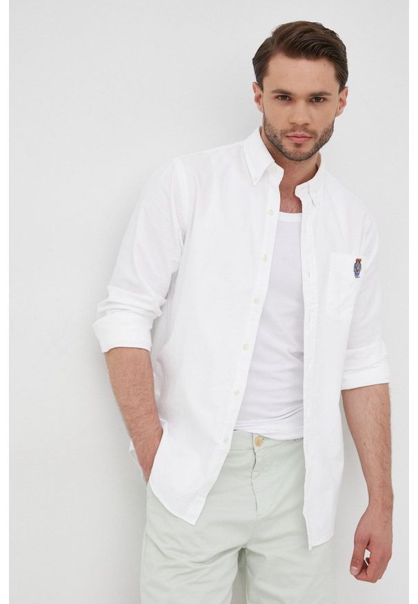 Polo Ralph Lauren koszula bawełniana męska kolor biały regular z kołnierzykiem button-down. Typ kołnierza: button down, polo. Kolor: biały. Materiał: bawełna. Wzór: aplikacja
