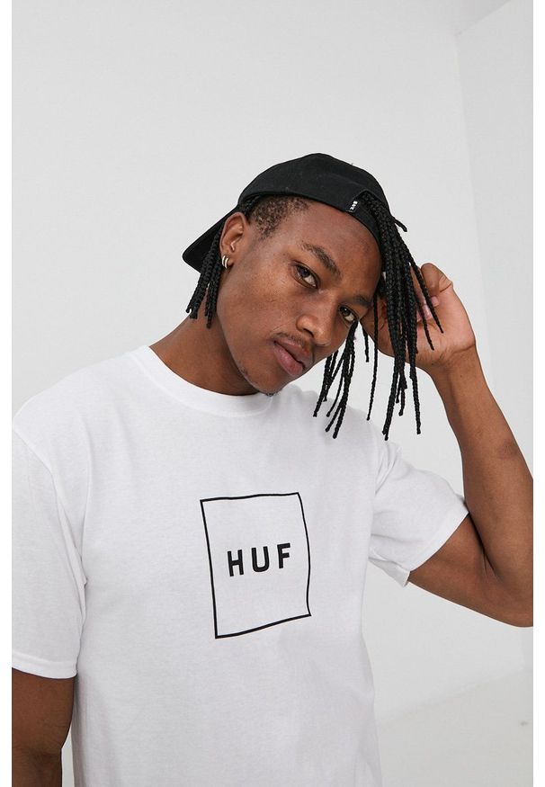HUF - T-shirt bawełniany. Okazja: na co dzień. Kolor: biały. Materiał: bawełna. Wzór: nadruk. Styl: casual