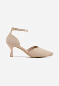 Renee - Ciemnobeżowe Czółenka z Tkaniny VICES na Niskim Obcasie z Paskiem Wokół Kostki i Wkładką Soft-Step Xylieth. Okazja: na co dzień. Zapięcie: pasek. Kolor: beżowy. Materiał: tkanina. Obcas: na obcasie. Styl: casual, elegancki. Wysokość obcasa: niski #9