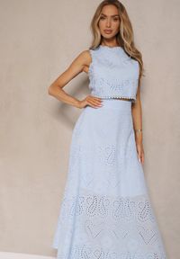 Renee - Niebieski Ażurowy Komplet z Haftowanej Tkaniny Top i Spódnica Salamira. Kolor: niebieski. Materiał: tkanina. Wzór: haft, ażurowy #5
