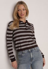 Born2be - Brązowy Sweter w Paski z Kołnierzykiem z Wiskozą Minkalia. Okazja: na co dzień. Kolor: brązowy. Materiał: wiskoza. Wzór: paski. Styl: casual, klasyczny #4