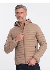 Ombre Clothing - Męska kurtka pikowana pakowana w worek - brązowa V4 OM-JALP-0156 - XXL. Typ kołnierza: kołnierzyk stójkowy. Kolor: brązowy. Materiał: materiał, nylon, poliester