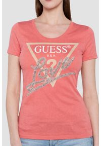 Guess - GUESS Różowy damski t-shirt Pearls Love, Rozmiar L. Kolor: różowy #4