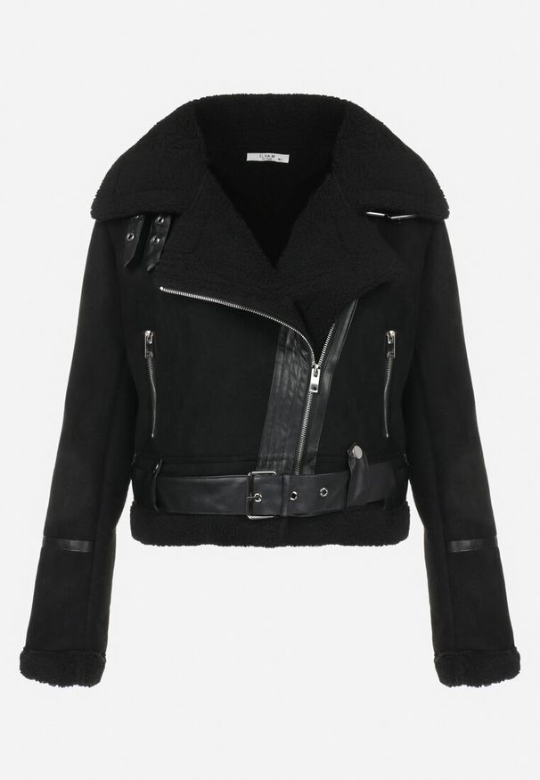 Born2be - Czarna Kurtka Biker z Imitacji Zamszu i Kożuszka Ves. Kolor: czarny. Materiał: zamsz