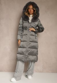 Renee - Szara Puchowa Kurtka Pikowana o Długim Kroju z Kapturem z Futerkiem Bavea. Okazja: na spacer, na co dzień. Typ kołnierza: kaptur. Kolor: szary. Materiał: futro, puch. Długość: długie. Styl: casual #5