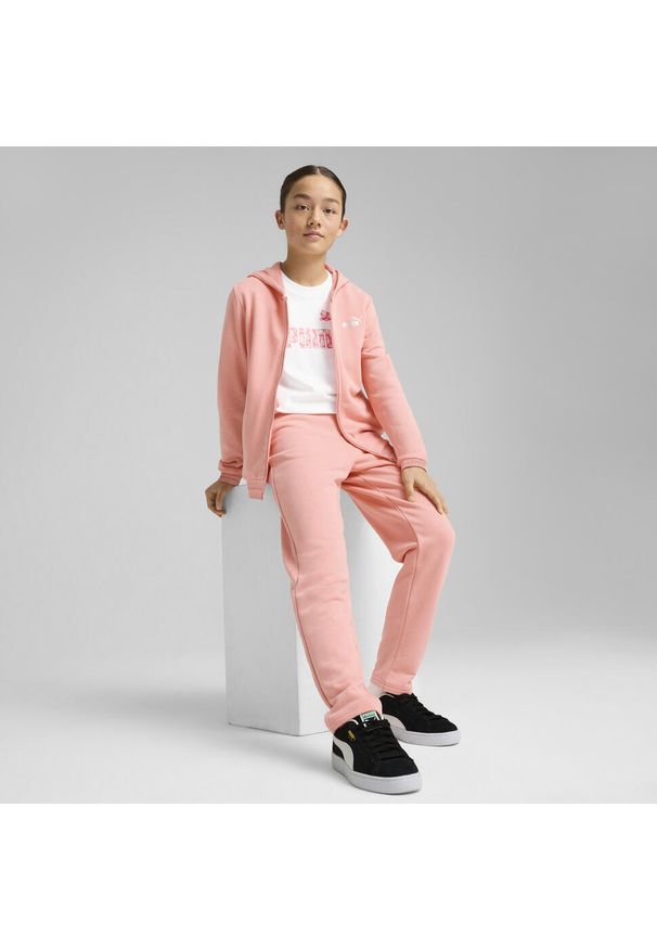 Puma - Młodzieżowy dres z kapturem i metalicznym wykończeniem PUMA Pink Fruit. Okazja: na uczelnię. Kolor: różowy. Materiał: dresówka. Styl: młodzieżowy