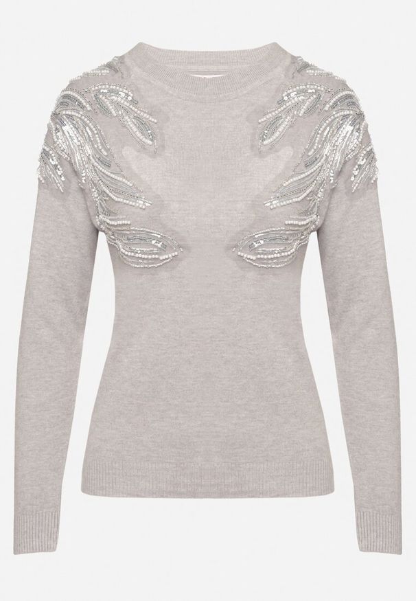 Born2be - Jasnoszary Sweter z Bawełną Ozdobiony Cekinami Leanelwen. Okazja: na co dzień. Kolor: szary. Materiał: bawełna. Wzór: aplikacja. Styl: elegancki, casual