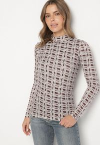 Born2be - Biało-Brązowa Bawełniana Bluzka z Golfem i Długim Rękawem w Geometryczny Wzór Vilitila. Okazja: na co dzień. Typ kołnierza: golf. Kolor: biały. Materiał: bawełna. Długość rękawa: długi rękaw. Długość: długie. Wzór: geometria. Styl: casual, elegancki #5