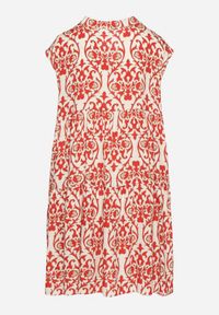 Born2be - Czerwona Bawełniane Sukienka o Rozkloszowanym Kroju Ozdobiona Falbanką Linola. Okazja: na co dzień. Kolor: czerwony. Materiał: bawełna. Wzór: aplikacja. Sezon: lato. Styl: elegancki, casual #3