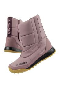 Buty śniegowce Adidas Terrex Choleah Boot W GX8687 fioletowe. Wysokość cholewki: przed kolano. Zapięcie: rzepy. Kolor: fioletowy. Materiał: puch, materiał, poliester. Szerokość cholewki: normalna. Sezon: zima