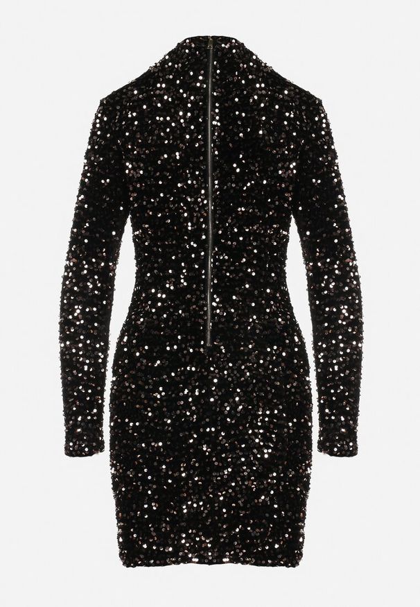 Born2be - Czarno-Złota Dopasowana Sukienka Mini z Półgolfem Zdobiona Cekinami Jurottja. Kolor: czarny. Długość rękawa: długi rękaw. Wzór: aplikacja. Typ sukienki: proste. Długość: mini