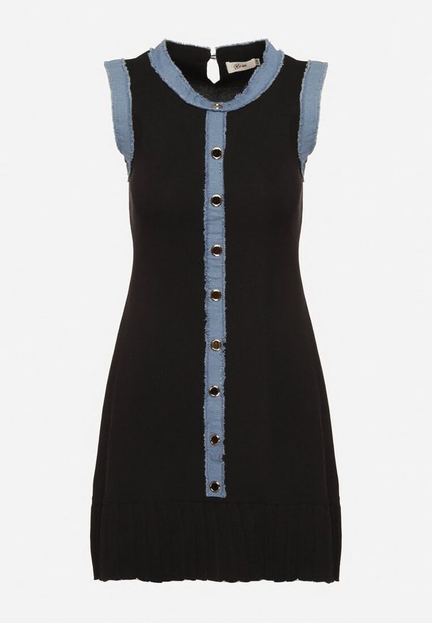 Born2be - Czarna Sukienka z Wiskozą Ozdobiona Jeansowymi Wstawkami i Guzikami Lilammea. Kolor: czarny. Materiał: wiskoza, jeans. Wzór: aplikacja. Styl: elegancki, klasyczny