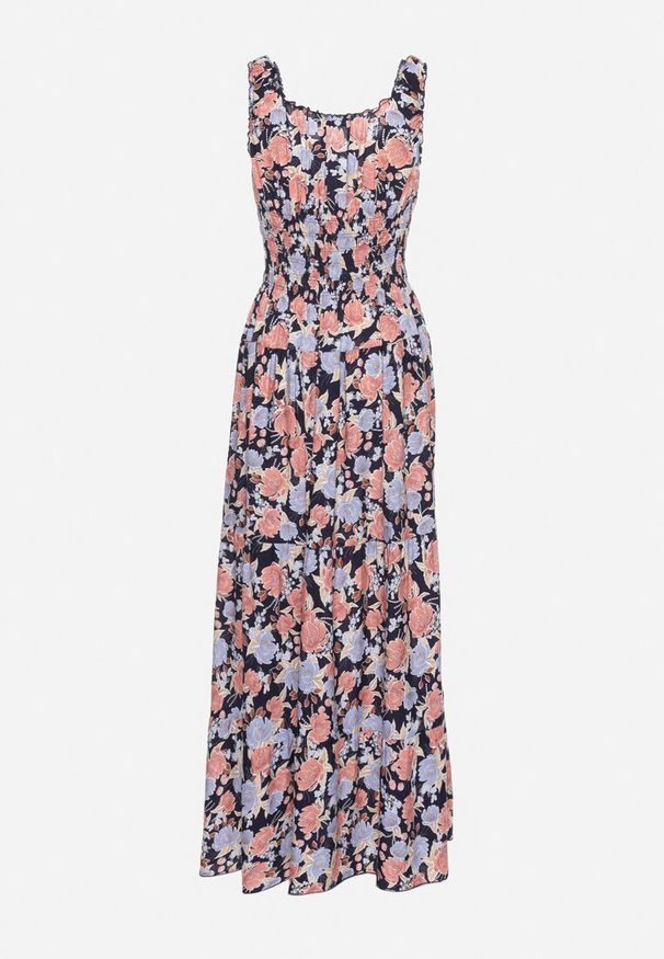 Born2be - Granatowa Rozkloszowana Sukienka Bawełniana w Kwiatowy Print z Guzikami Jamallia. Okazja: na co dzień. Kolor: niebieski. Materiał: bawełna. Wzór: kwiaty, nadruk. Sezon: lato. Typ sukienki: proste. Styl: casual, klasyczny