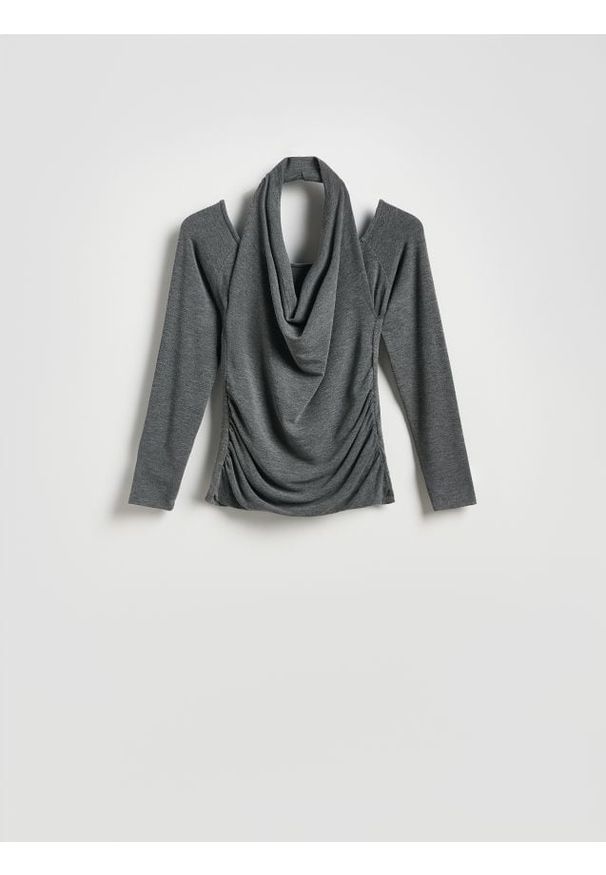 Reserved - Bluzka z ozdobnym dekoltem - ciemnoszary. Kolor: szary. Materiał: dzianina, wiskoza