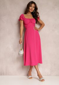 Renee - Fuksjowa Sukienka Perolis. Kolor: różowy. Materiał: tkanina. Długość rękawa: krótki rękaw. Wzór: gładki, jednolity. Styl: wizytowy. Długość: midi #2