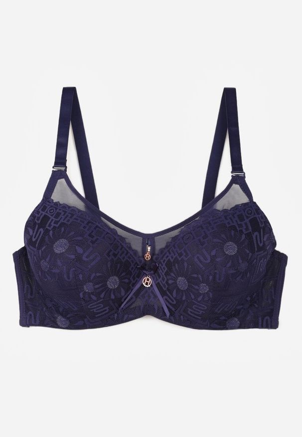 Born2be - Granatowy Biustonosz z Koronką i Transparentną Wstawką Heliphine. Kolor: niebieski. Materiał: koronka. Wzór: koronka