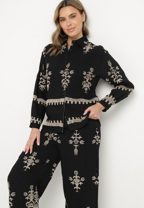 Born2be - Czarny Komplet z Wiskozy w Stylu Boho Koszula i Spodnie Zdobione Haftem Sarhiris. Kolor: czarny. Materiał: wiskoza. Wzór: haft, aplikacja