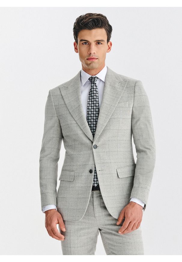 Pako Lorente - PAKO LORENTE – Szara marynarka garniturowa w kratkę. Kolor: szary. Materiał: poliester, wiskoza, elastan. Wzór: kratka