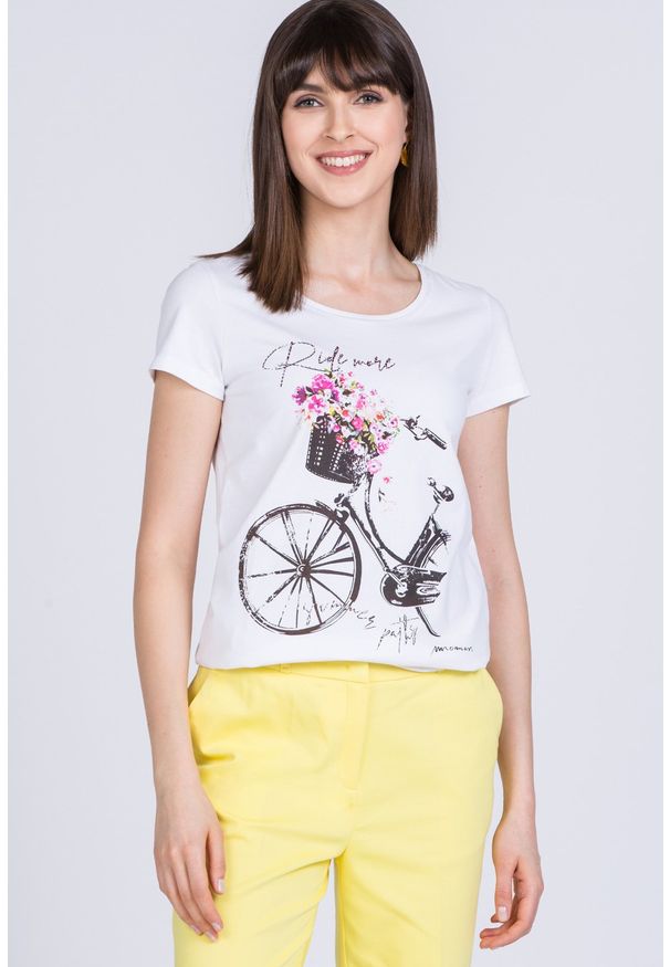 Monnari - T-shirt z motywem roweru. Okazja: na co dzień. Kolor: biały. Materiał: materiał, bawełna. Długość rękawa: krótki rękaw. Długość: krótkie. Sezon: lato. Styl: casual
