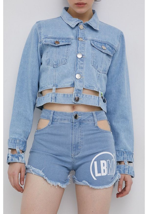 LABELLAMAFIA - LaBellaMafia Szorty jeansowe damskie z nadrukiem high waist. Stan: podwyższony. Kolor: niebieski. Materiał: jeans. Wzór: nadruk