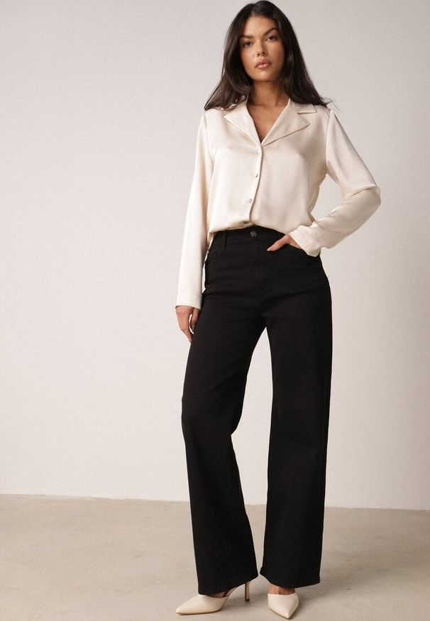 Born2be - Czarne Bawełniane Spodnie Wide Leg z Wysokim Stanem Genime. Okazja: na co dzień, do pracy. Stan: podwyższony. Kolor: czarny. Materiał: bawełna. Styl: casual, klasyczny