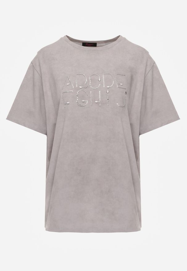 Renee - Szary Bawełniany T-shirt Oversize z Haftowanym Napisem z Cekinami Talomora. Okazja: na imprezę, na co dzień. Kolor: szary. Materiał: bawełna. Wzór: haft, napisy. Styl: rockowy, casual