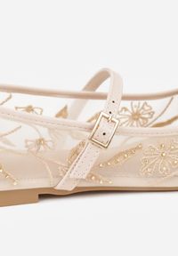 Renee - Beżowe Balerinki Siateczkowe z Haftami i Sprzączką Diviaria. Okazja: na co dzień, do pracy, na spotkanie biznesowe. Zapięcie: sprzączka. Kolor: beżowy. Wzór: haft. Styl: biznesowy, klasyczny, casual, elegancki #5